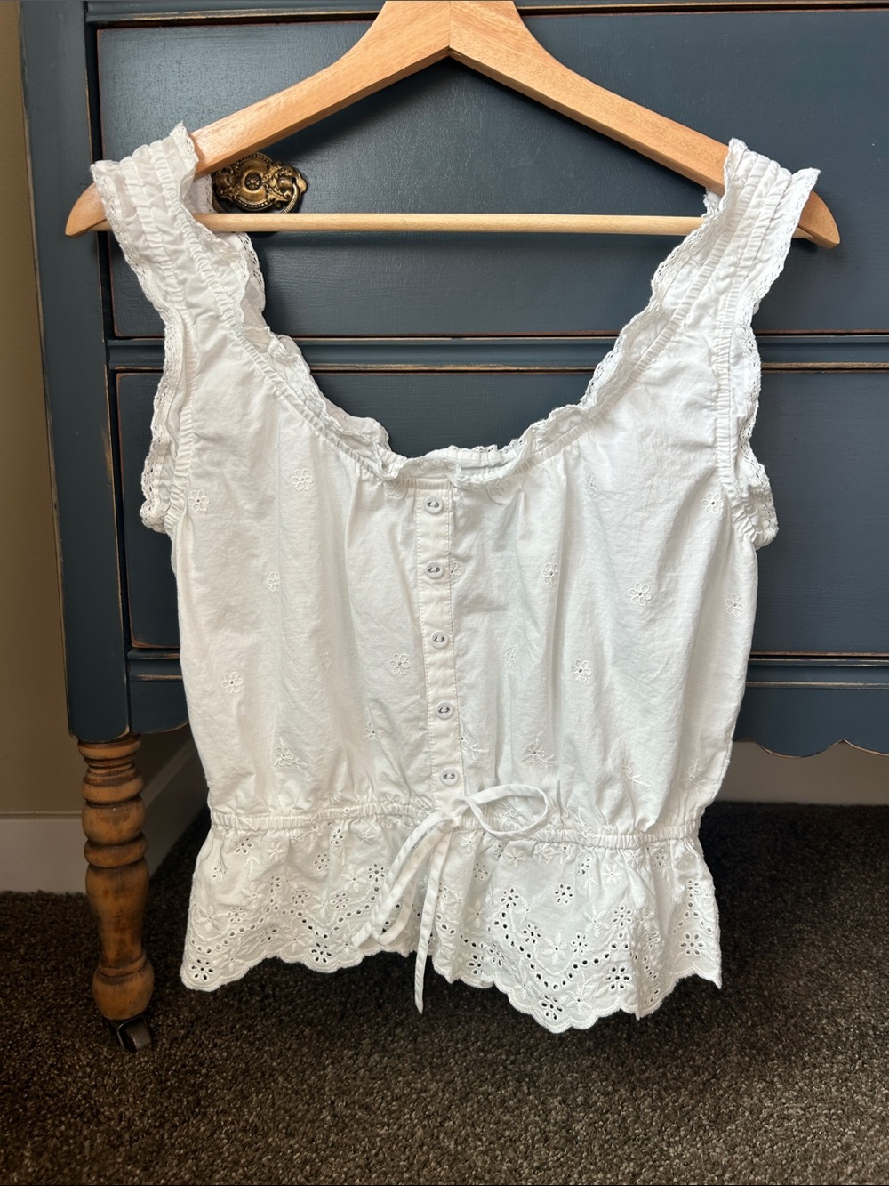 White Eyelet Embroidery Ruffle Tie-Front Tank Top